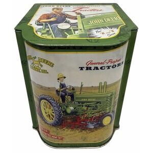 John Deere Tractor Collectible Metal Tin Storage Box Slope Hinged Lid Farm Decor